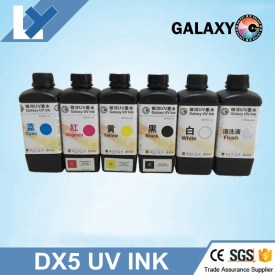 Tinta Galaxy UV 5 cores CMYKW 1000ml Tinta Galaxy UV para cabeçote de impressão Dx5 fabricada no Japão Tinta de serigrafia Galaxy UV para impressão em metal Impressora jato de tinta UV